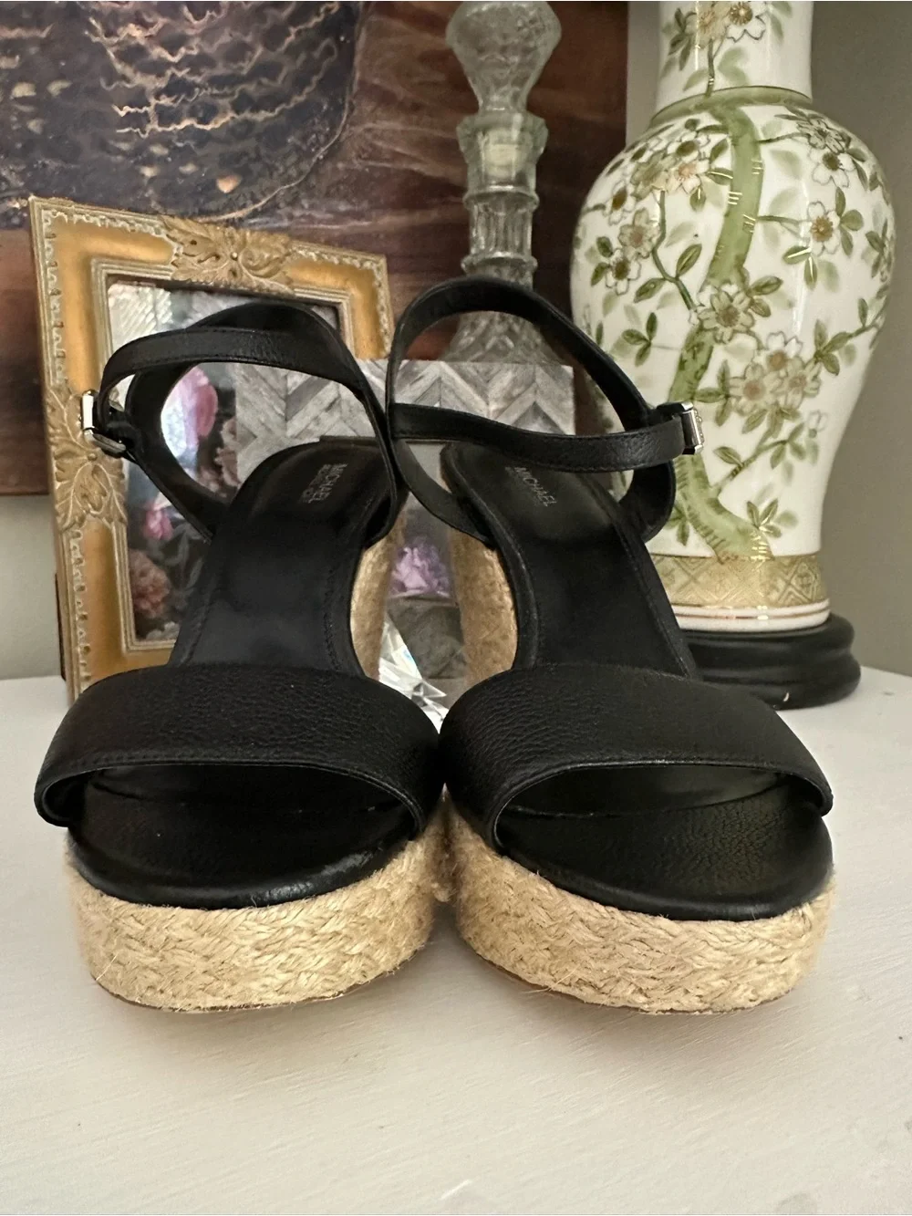 Michael Michael Kors Black Leather Espadrille Platform Wedge Sandals Size 8.5